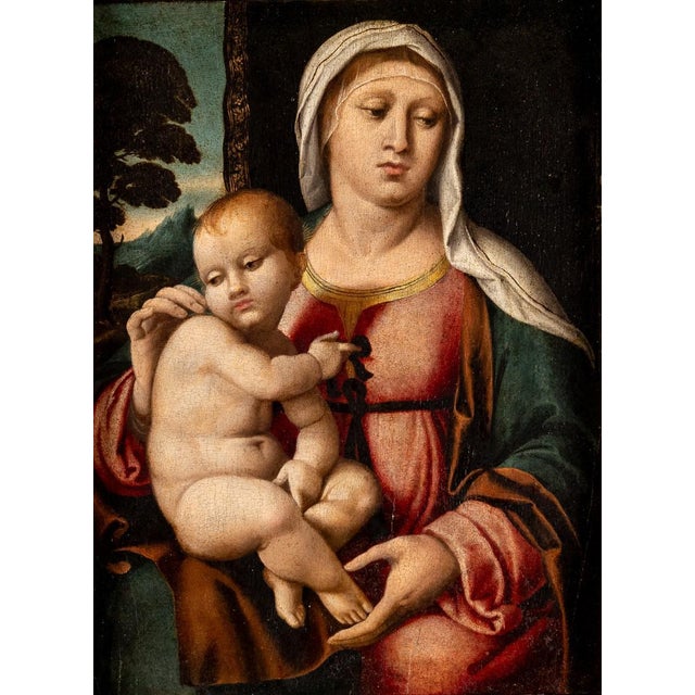 Wood Domenico Capriolo, Virgin and Child in a Landscape, 1500s, Oil on Panel For Sale - Image 7 of 7
