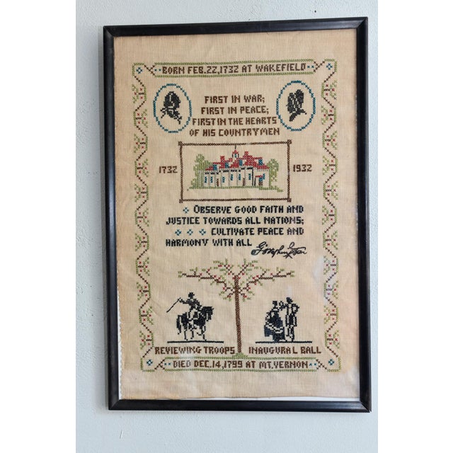 This hand-stitched commemorative sampler was made to celebrate the 200th anniversary of George Washington's birth in 1732,...