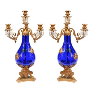 French Empire Glass Candelabras with Gilt Mounts, 1870, Set of 2 For Sale