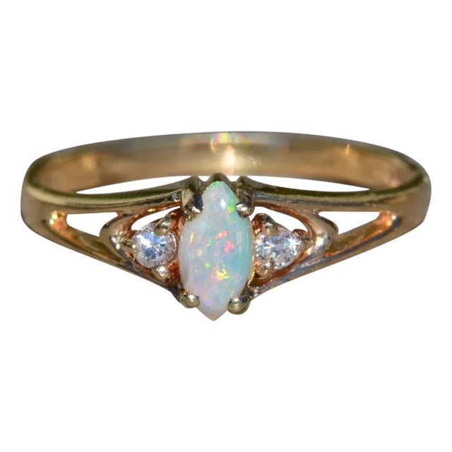 The Elliana: Ladies Signed Vintage Australian Opal and Diamond Ring in 14K Gold For Sale