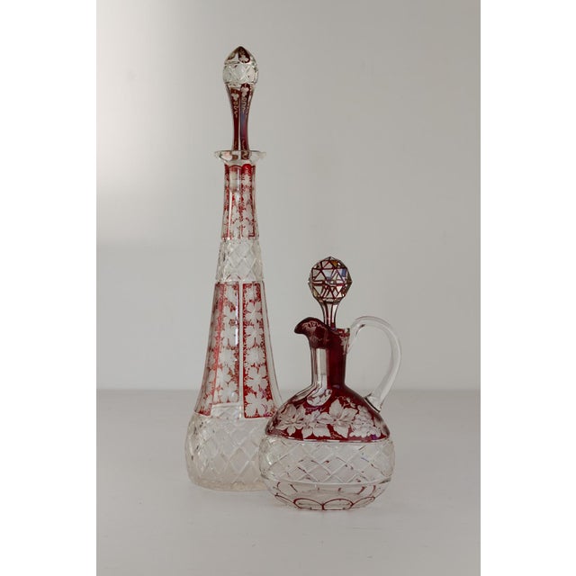 Boho Chic Bohemian Crystal Ruby Decanters with Wine Leaves, 1920s, Set of 2 For Sale - Image 3 of 18