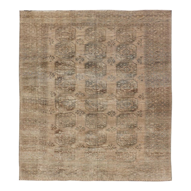 All-Over Gul Design Turkmen Vintage Ersari Rug in Soft Brown and Taupe For Sale