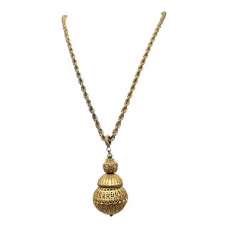 Vintage 1960s Signed Monet Goldtone Filigree Ball Pendant Necklace For Sale