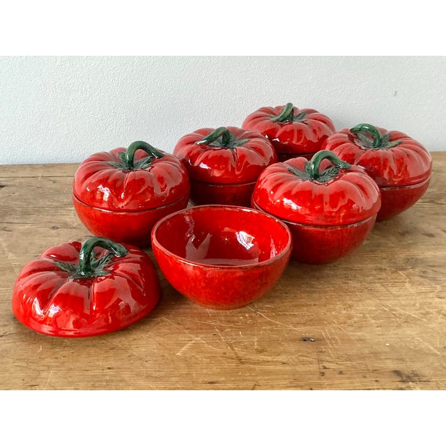 Vintage 1960s Italian Glazed Ceramic Tomato Lidded Bowls - Set of 6 For Sale - Image 11 of 11