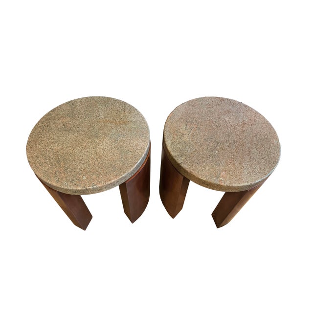 Late 20th Century Pair of Sculptured Mahogany Side Tables With Thick Granite Top, Signed by Artist For Sale - Image 5 of 10