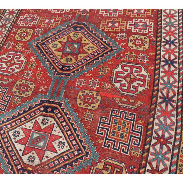 Antique Qashqai Rug With Geometric Motifs in Red, Blue, and Golden Yellow For Sale - Image 9 of 13