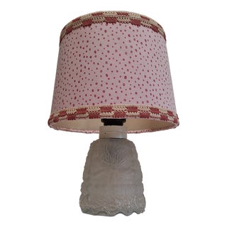 Vintage Table Lamp with Frosted Relief Glass Base and Pink Fabric Shade, 1970s For Sale