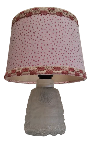 Vintage Table Lamp with Frosted Relief Glass Base and Pink Fabric Shade, 1970s