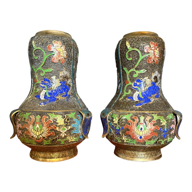 Pair of 1930s Chinese Champleve Spill Vases For Sale