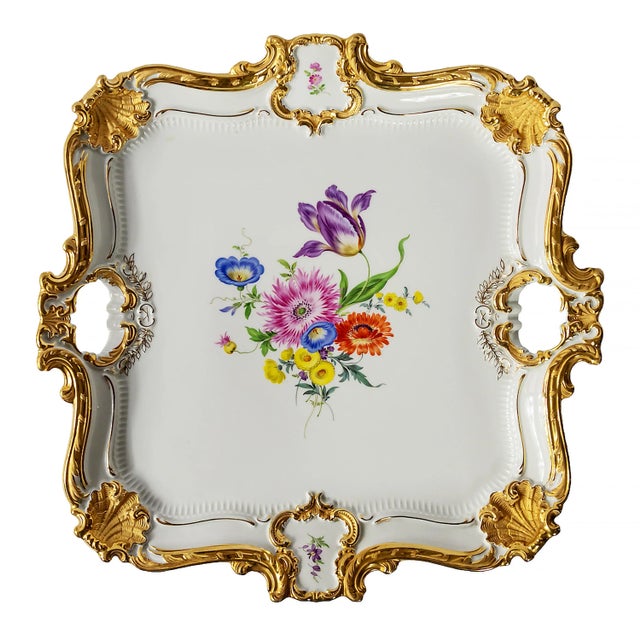 Ceramic Large Meissen Hand Painted Gilded Porcelain Serving Plate For Sale - Image 7 of 7