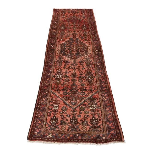Hamedan Runner 3’6” X 9’7” Red Wool Vintage Tribal Hand-Knotted Oriental Rug For Sale