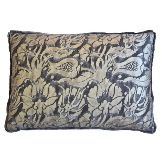 Custom-tailored pillow in Italian Mariano Fortuny cotton fabric called "Melagrana" in a black (dark purple) and silver...