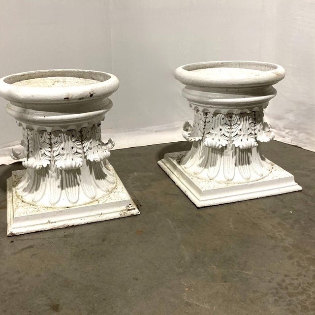 Metal Pair of White Cast Iron Corinthian Column Planters, 22” Diameter For Sale - Image 7 of 7