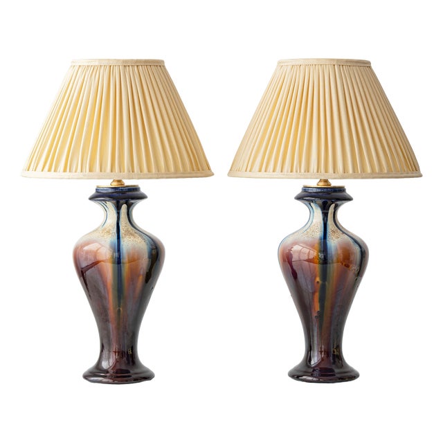 Belgian Art Deco Flambé Glaze Ceramic Table Lamps, 1920s, Set of 2 For Sale