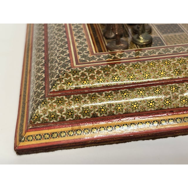 Metal Vintage Persian Khatam Marquetry Chess Set With Figural Metal Pieces, Circa 1950 For Sale - Image 7 of 18
