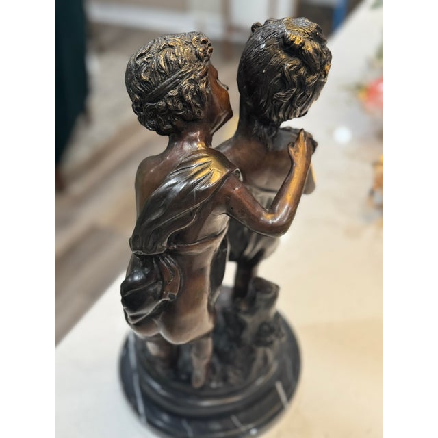 Rustic European Vintage Bronze Figural Sculpture of Whispering Children on Solid Black Marble Base For Sale - Image 3 of 5