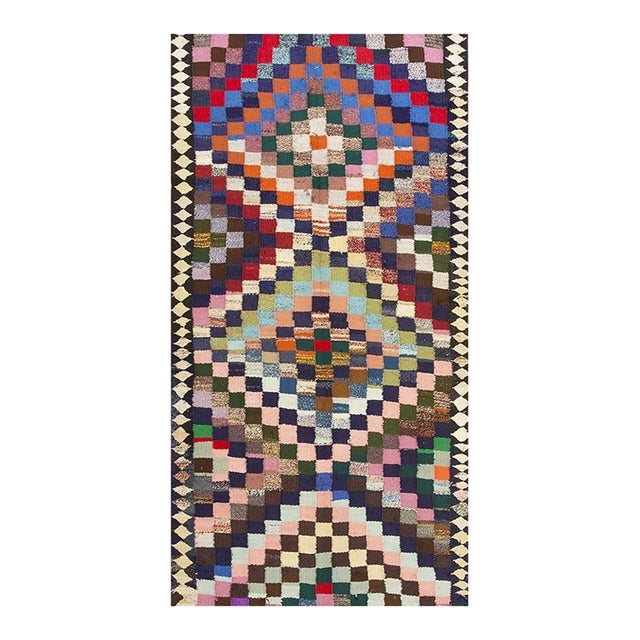 1940s Diamond Colorful Tribal Antique Handwoven Turkish Kilim Rug 4'8" X 9'6" For Sale