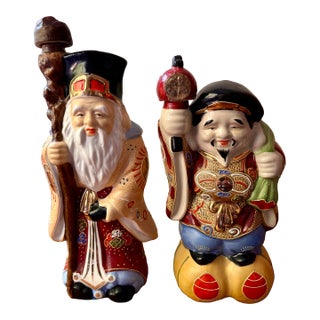 Pair of Vintage Porcelain Kamotsuru Sake Bottles Depicting the Gods of Longevity and Wealth For Sale