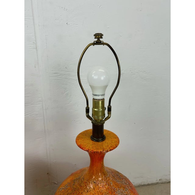 Pair of Mid a Century Modern Orange Table Lamps With Lava Glaze For Sale - Image 9 of 12