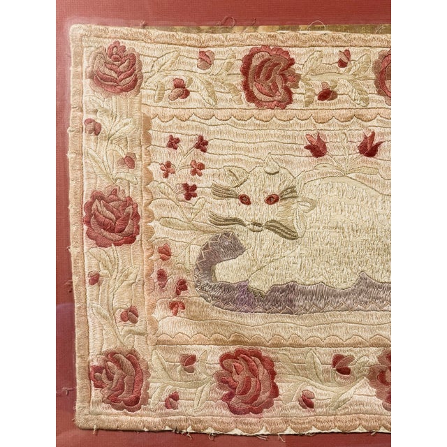Antique Folk Art Cat Silk Embroidery in Frame For Sale - Image 12 of 13
