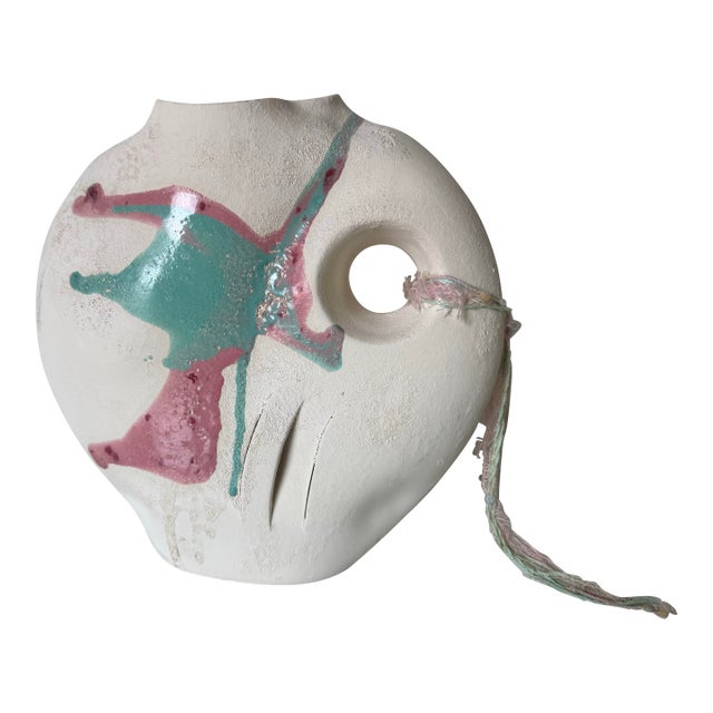 1980s Vintage Southwestern Native American Style Ceramic Vase With Abstract Glaze & Fiber Detail For Sale