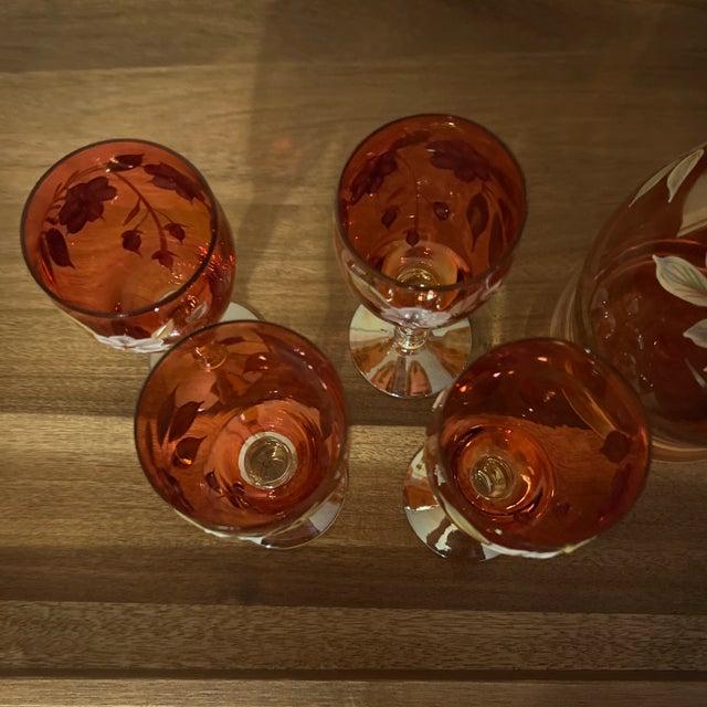 Amber Enameled Italian Wine Beverage Set Features Applied Flowers - Set of 5 For Sale - Image 8 of 12