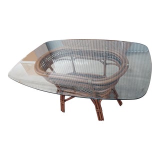 Late 20th Century Vintage Wood and Rattan Dining Table With Removable Beveled Glass Top For Sale