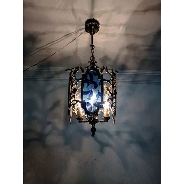 Metal Vintage French Brass Stained Glass Style Blue Colored Chandelier Basket Ceiling Fixture For Sale - Image 7 of 11