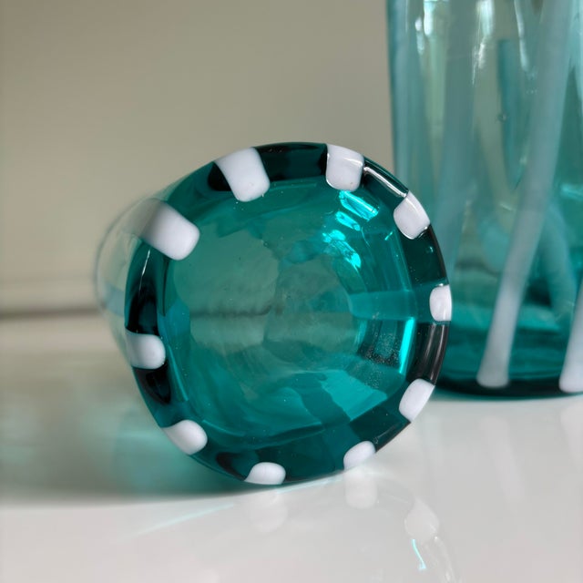 Riviera Blue Striped Italian Murano Glass Tumbler Glasses With Scalloped Rim Set of 6 For Sale - Image 10 of 10
