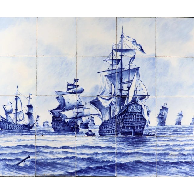 Blue Dutch Delft Tile Picture, Fleet of Ships, Blue & White, Framed For Sale - Image 8 of 9