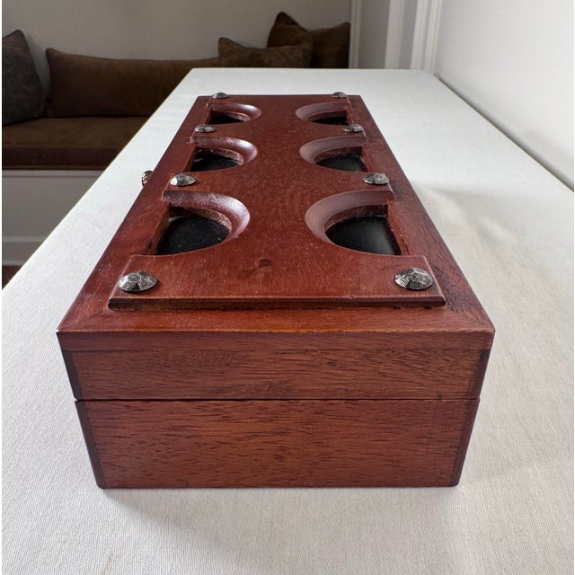 20thC. Mid Century Modern Japanese Black Leather, Brass Nails & Solid Cherry Wood Valet Lidded Box For Sale In Houston - Image 6 of 11
