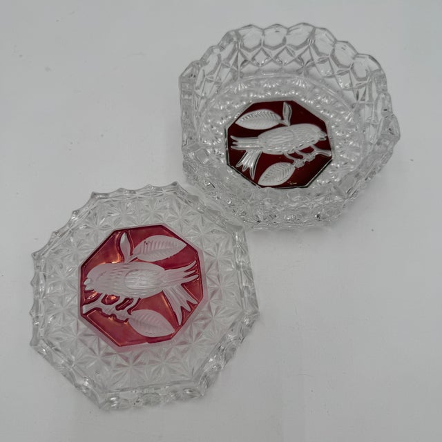 This listing is for 1 octagonal trinket box appx 4" 24% lead crystal Pressed, Cut Bird, Ruby Red Accent Discontinued