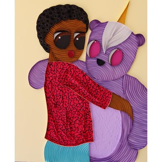 Plushie VI by Ayobola Kekere-Ekun | Mixed media of a figure hugging a purple bear plushie For Sale
