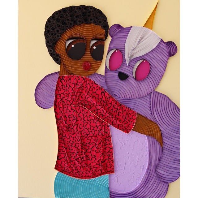 Plushie VI by Ayobola Kekere-Ekun | Mixed media of a figure hugging a purple bear plushie For Sale