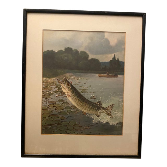 Mid 20th Century Trout Painting by Lynn Bogue Hunt Matted Framed Original For Sale
