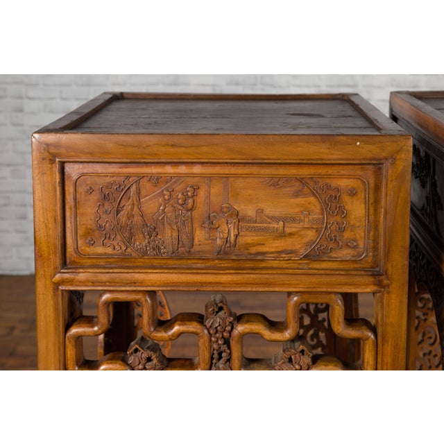 Early 20th Century Chinese Antique Pedestal with Openwork Motifs and Hand Carved Court Scenes - A Pair For Sale - Image 5 of 13