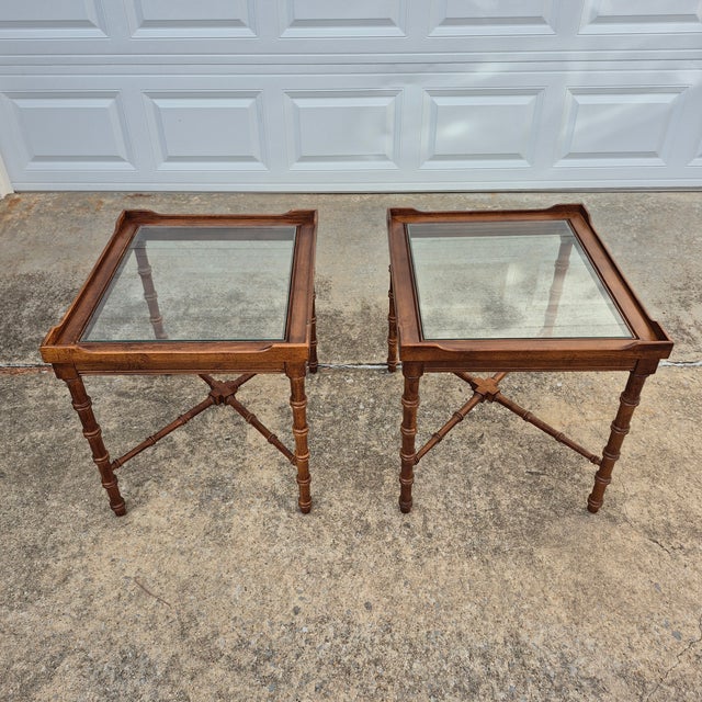 This is a fantastic pair of faux bamboo side tables by American furniture maker Lane. They can be used separately as end...