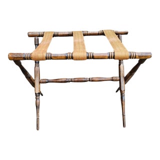 Mid-Century Walnut Faux Bamboo Luggage or Serving Tray Rack and Stand For Sale