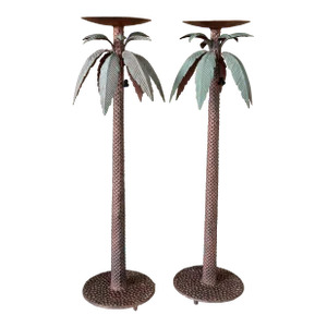 Vintage Coastal Tole Metal Palm Tree Tall Floor Candle Holders-Pairs