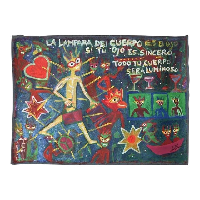 1999 “La Lampara Del Cuerpo” Neo Expressionist Folk Art Painting on Mixed Media by Julie Hermoso For Sale