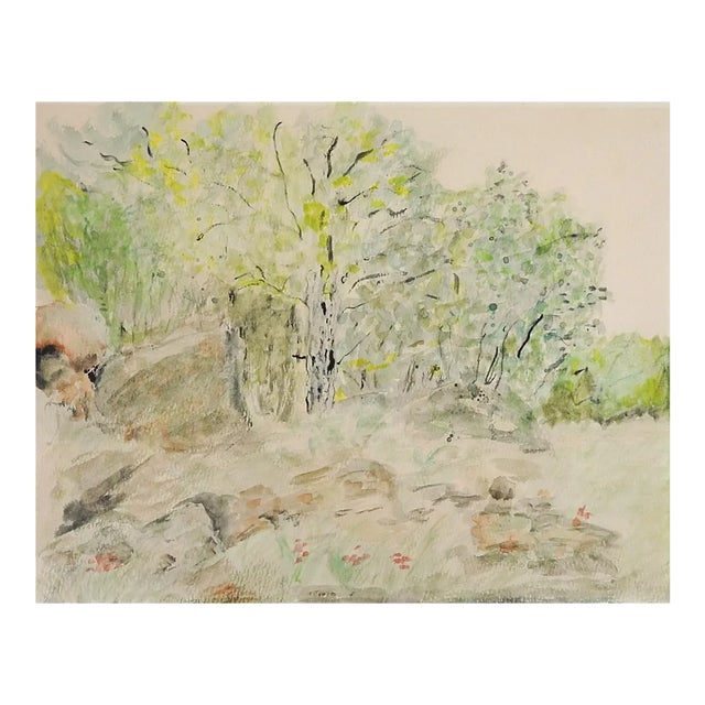 Mid 20th Century Impressionist Forest Meadow Landscape Watercolor Painting For Sale