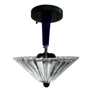 Vintage Glass Shade With Brass and Cobalt Blue Semi Flush Ceiling Fixture For Sale