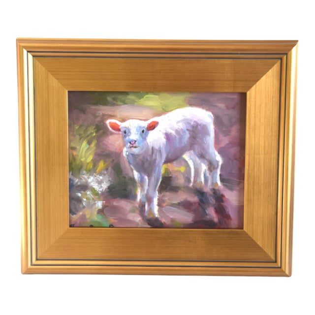 Farmhouse Farm Baby White Lamb Sheep Oil Painting Including the Antiqued Gold Wood Frame For Sale