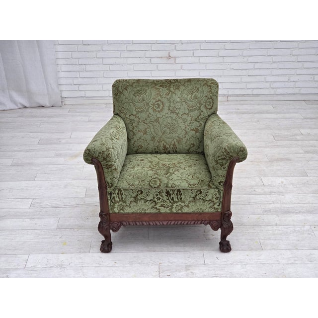Danish Armchair in Green Velour and Carved Oak, 1950s For Sale - Image 14 of 18