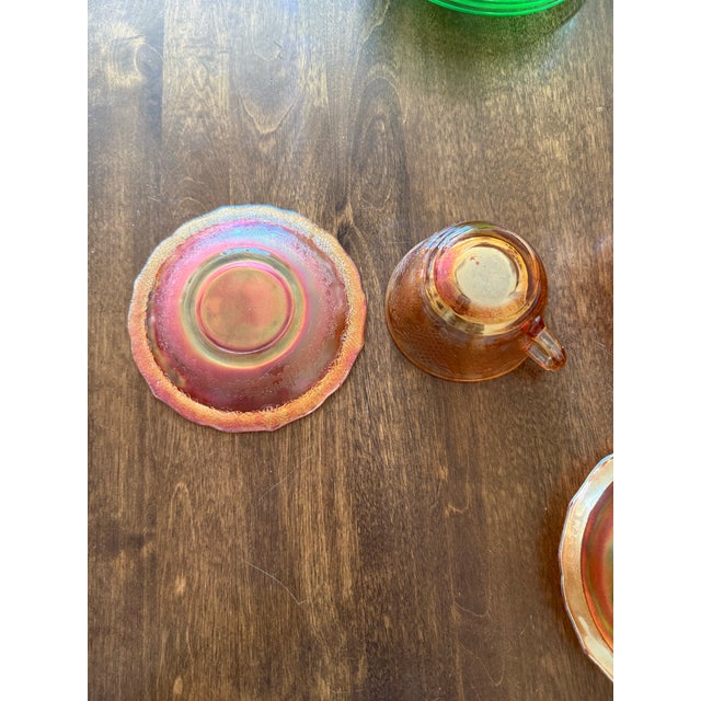 Amber Federal Glass Normandie Bouquet Lattice Iridescent Depression Glassware Set - Set of 15 For Sale - Image 8 of 12