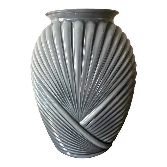 Art Deco Revival Ribbed Wrapped Art Glass Vase Vintage Gray Inspired by Plissé Glass For Sale