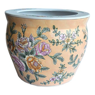 Mid 20th Century Large Chinoiserie Ceramic Planter With Floral and Koi Fish Motif For Sale