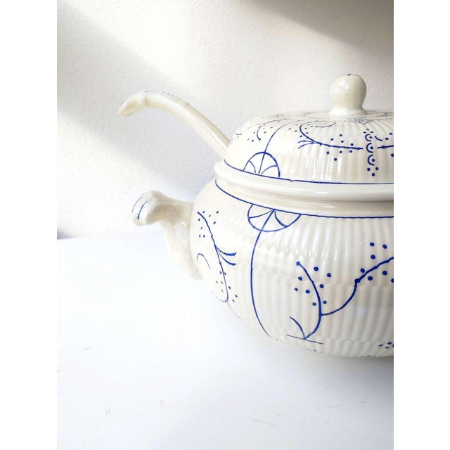 Antique Belgian Copenhagen Soup Tureen with Large Ceramic Ladle from Royal Boch Frères, 1940s, Set of 2 For Sale - Image 4 of 6