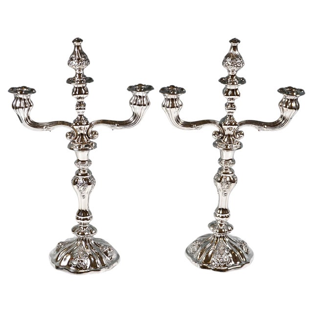 Antique Vienna 3-Flame Biedermeier Silver Candleholders, 1857, Set of 2 For Sale
