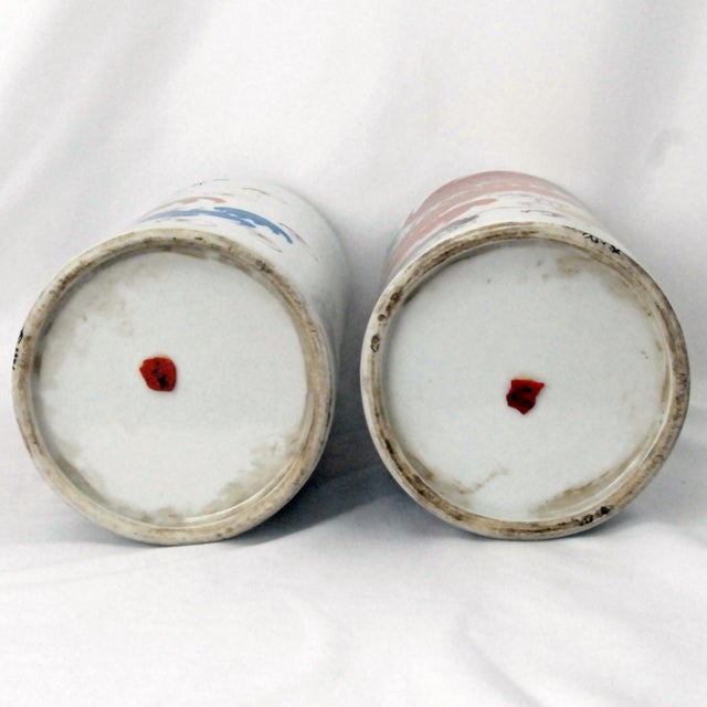 Mirror Pair of Cylindrical Vases/Hat Stands With Red Foo Lions With Other Colors For Sale - Image 11 of 11